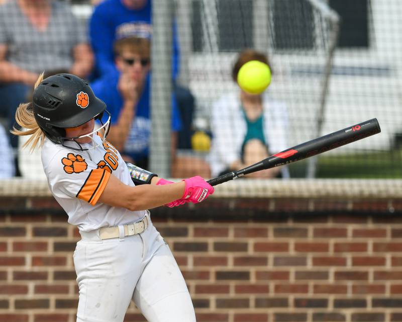 Wheaton Warrenville South's Julia Bacheller (8) makes contact with the ball during the sectional semifinal game on Thursday June 5, 2025, while taking on Wheaton North held at Oswego High School.