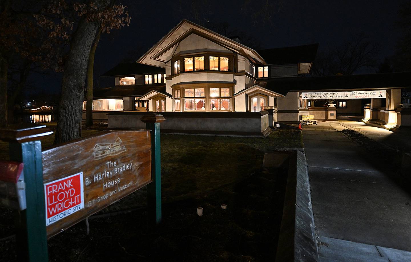 The Frank Lloyd Wright B. Harley Bradley House in Kankakee glows at night during an event on March 7, 2025.