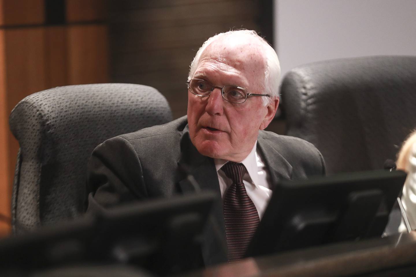 Councilman Pat Mudron discusses tabling a vote on liquor licenses on Tuesday, May 18, 2021, at Joliet City Hall in Joliet, Ill. The Joliet City Council discussed an amendment to allow for liquor consumption and video gambling at gas stations.