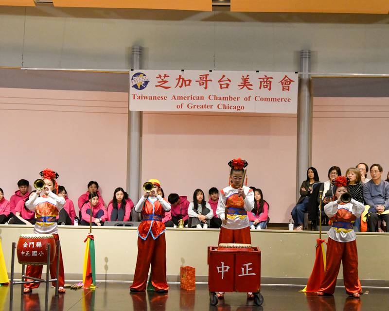 Students from the Jjong Jheng Elementary School Suona and Drum Ensemble from Kinmen, Taiwan, demonstrates the different instruments used during the performance on Saturday April 19, 2025, held at the Taiwanese American Chamber of Commerce building in Westmont.