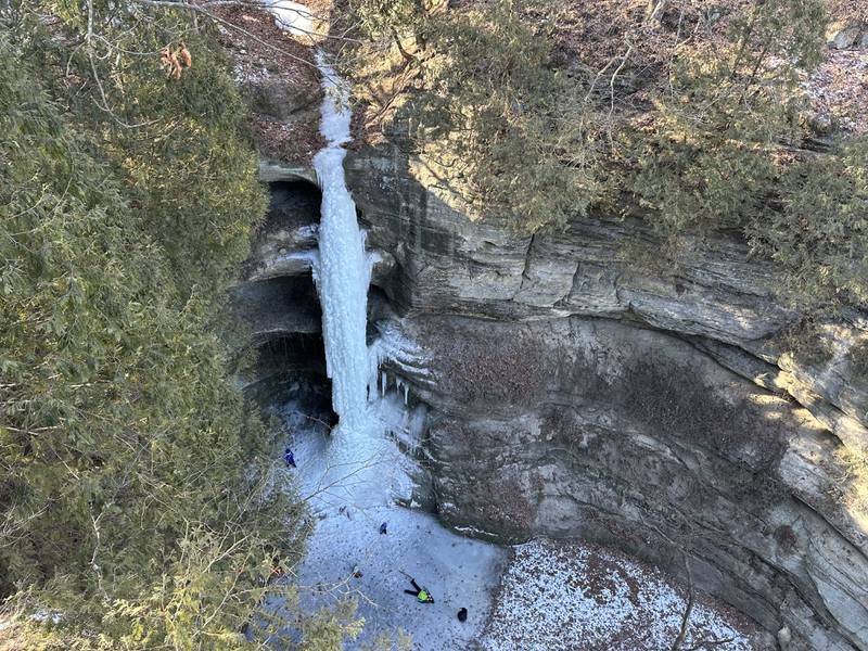 A 90 foot frozen ice column waterfall has formed in Wildcat Canyon on Sunday, Jan. 20, 2025 in Starved Rock State Park. Ice climbers will be scaling the enormous frozen waterfalls this week.