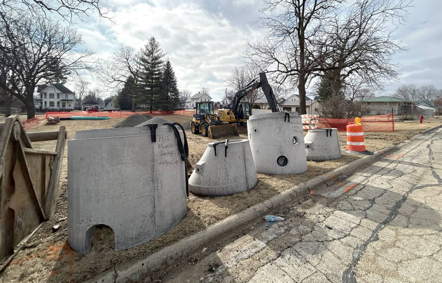 The east end of East Knox Street, from N. Jackson St. to the west drive of Morrison Community Hospital, will be temporarily closed for one week for the start of the hospital expansion. Here, equipment and infrastructure items sit on the side of the street on Sunday, Feb. 2, 2025.