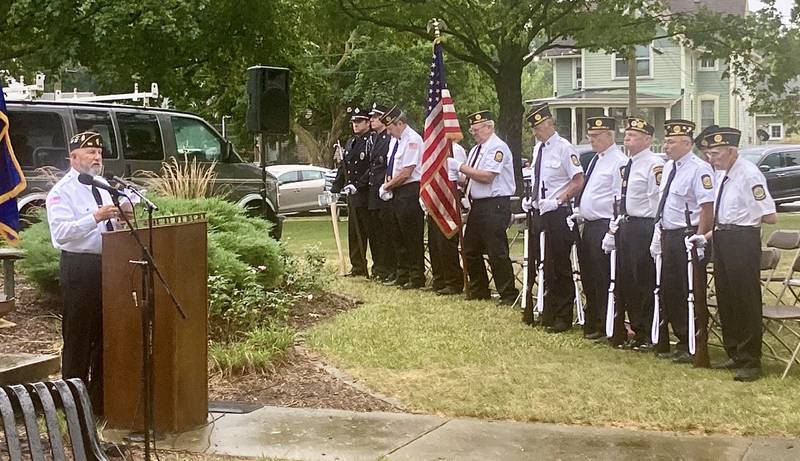Tom Root, Retired Command Sergeant Major, speaks during Monday's 9-11 Remembrance at Soldiers and Sailors Park in Princeton.
