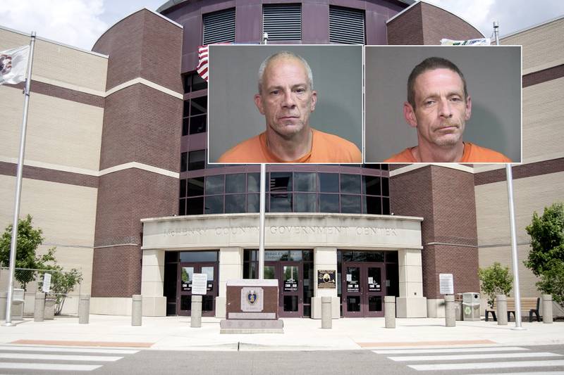 Two men (from left), Jonathan Sawyer and Michael Mantor, could face up to 30 years in prison after they were arrested together Friday in McHenry and charged with possessing methamphetamine, cocaine and fentanyl, according to criminal complaints filed in McHenry County court. (Inset photos provided by McHenry County Jail)