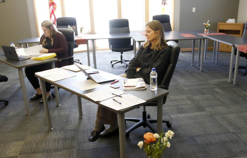 District 156’s Julia Pontarelli, the Assistant Superintendent for Finance and Personnel, and Shae Gibour, the director of Special Services, wait for job seekers to come to the board room for a job fair Wednesday,  Sept. 28, 2022, at the McHenry Community High School District Office. The district is looking to fill several available positions in the school district.