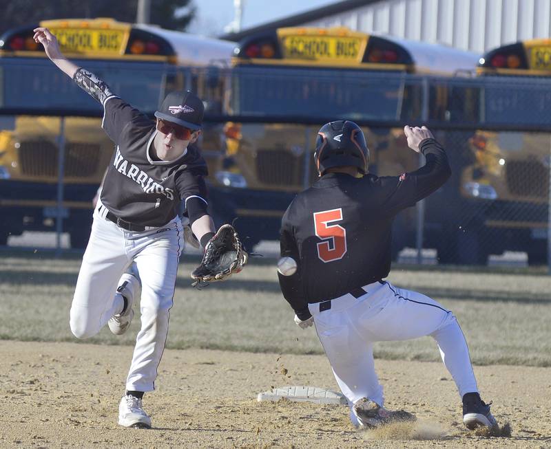 Woodland SS Nolan Price tries to catch a wide throw as Roanoke Benson’ Javin Feucht gets into 2nd safely on a stolen base in the 4th inning Tuesday at Woodland.