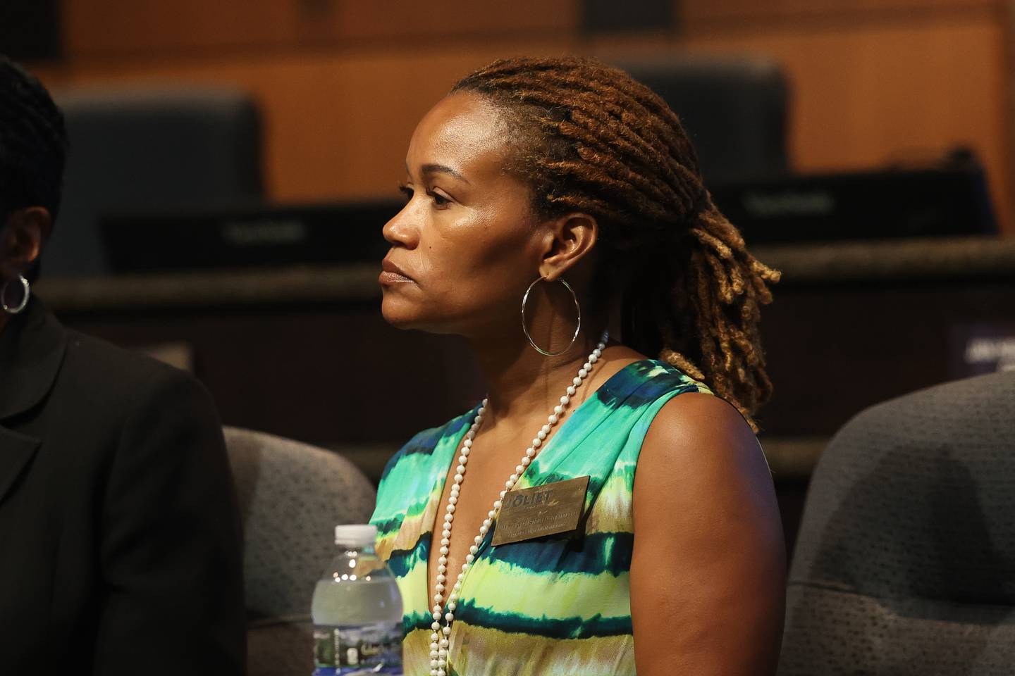 Joliet Public Schools District 86 Deputy Superintendent Dr. Tanisha Cannon attends a vaping press conference at Joliet City Hall on Tuesday, August 13, 2024. The conference addressed the city’s crack down on businesses selling vaping products to underage children, the school districts challenges identifying vaping devices in school and a new bill that makes it illegal in Illinois to buy vaping products online and shipped to anyone unless it’s for a licensed retailer or business.