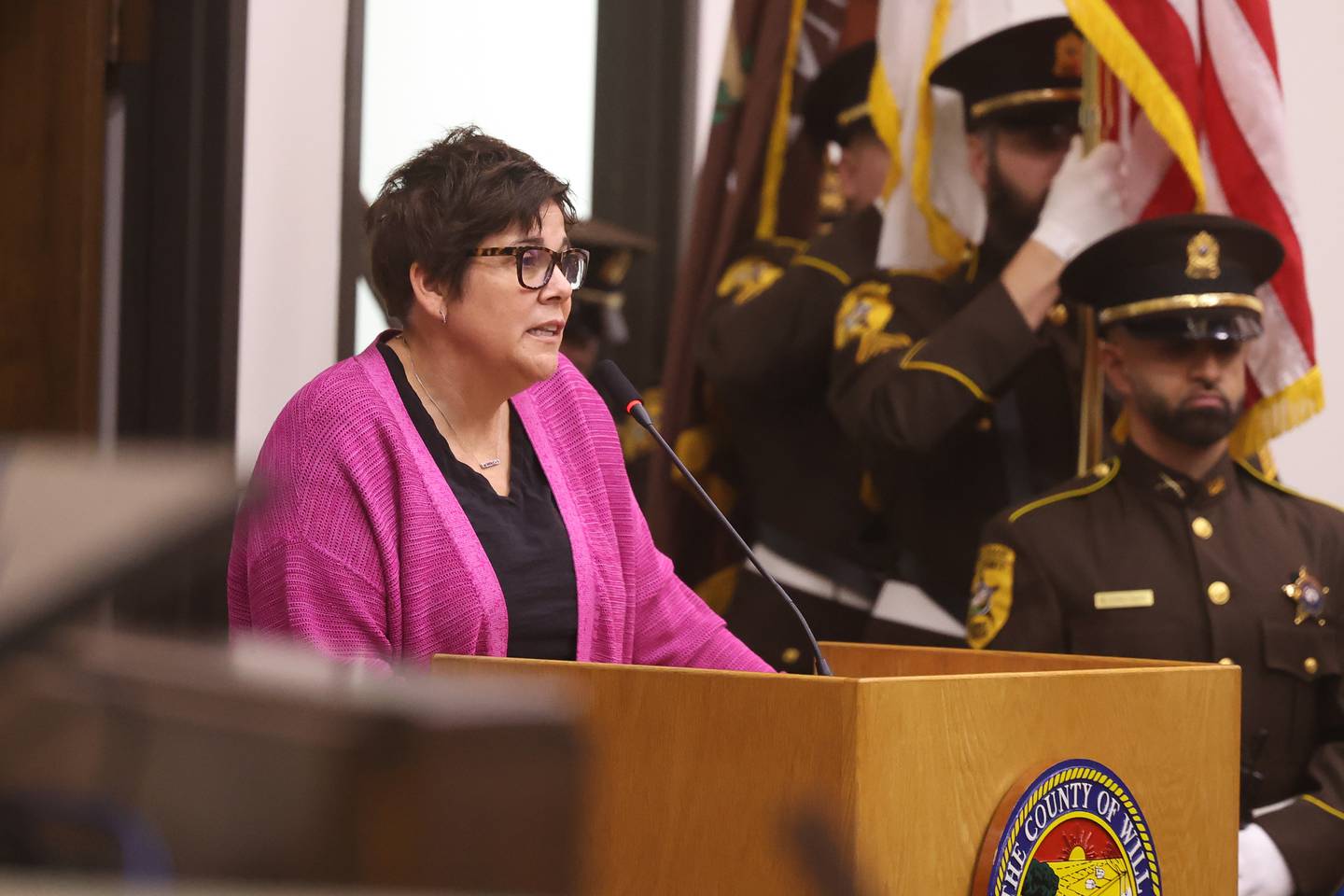 Will County Executive Jennifer Bertino-Tarrant shares a few words at the swearing-in ceremony for several elected county officials at the Will County Building in Joliet on Thursday.
