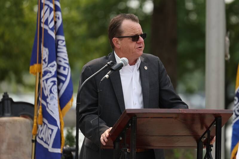 State Representative Larry Walsh Jr. speaks at a special Flag Day ceremony dedicating a memorial to remember the 28 World War II Submarines that traveled through Joliet on their way to the Pacific theater in Bicentennial Park on Wednesday, June 14, 2023 in Joliet.