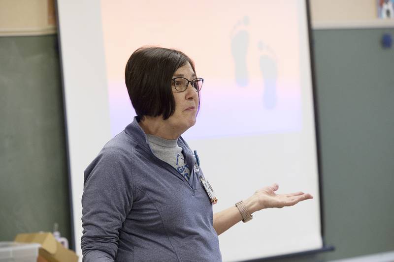 Pat Zigler, a nurse at CGH, speaks to a group at St. Mary’s School in Sterling Monday, Jan. 29, 2024 as part of a career day in celebration of Catholic Schools Week. The school held three sessions where students could visit different professionals and learn about their careers.