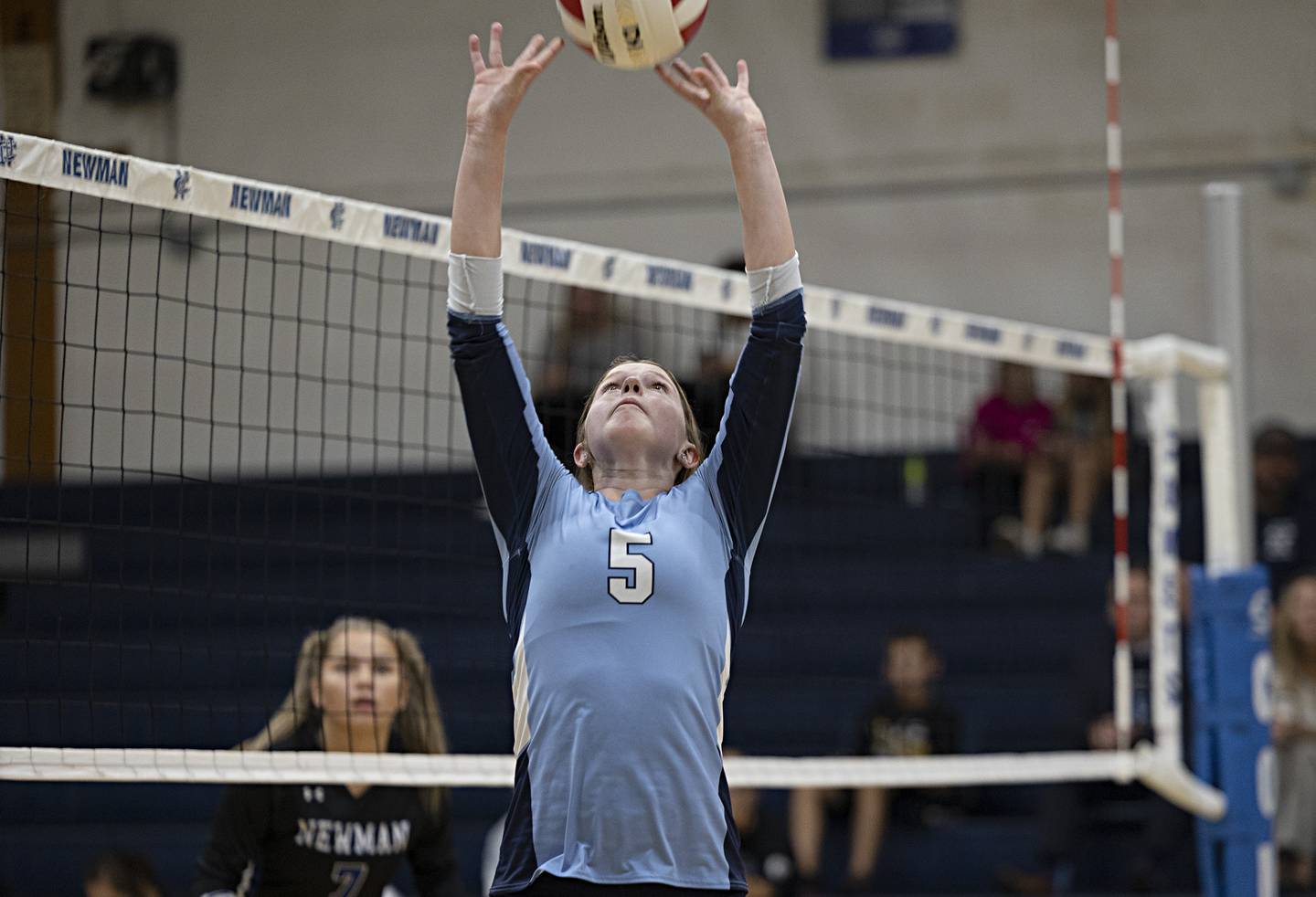 Bureau Valley’s Kate Salisbury sets the ball against Newman Thursday, Sept. 28, 2023 at Newman.