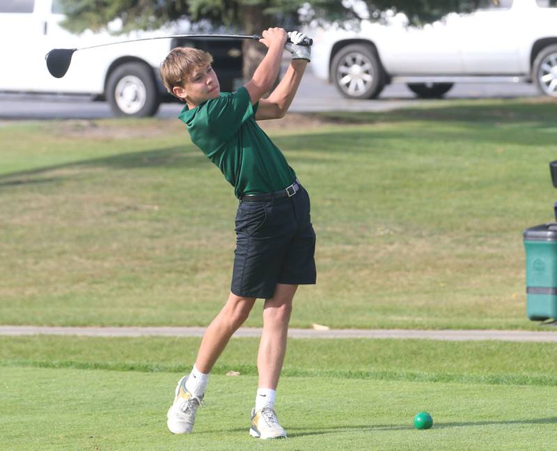 St. Bede's Ty Carls tees off during the Class 1A Regionals on Wednesday, Oct. 1, 2025 at Deer Park Golf Club in Oglesby.