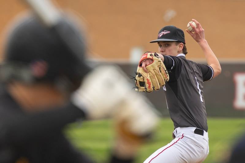 Nolan Price (1) of Woodland/Flanagan-Cornell pitches on Thursday, April 17, 2025 at Woodland High School in Streator.