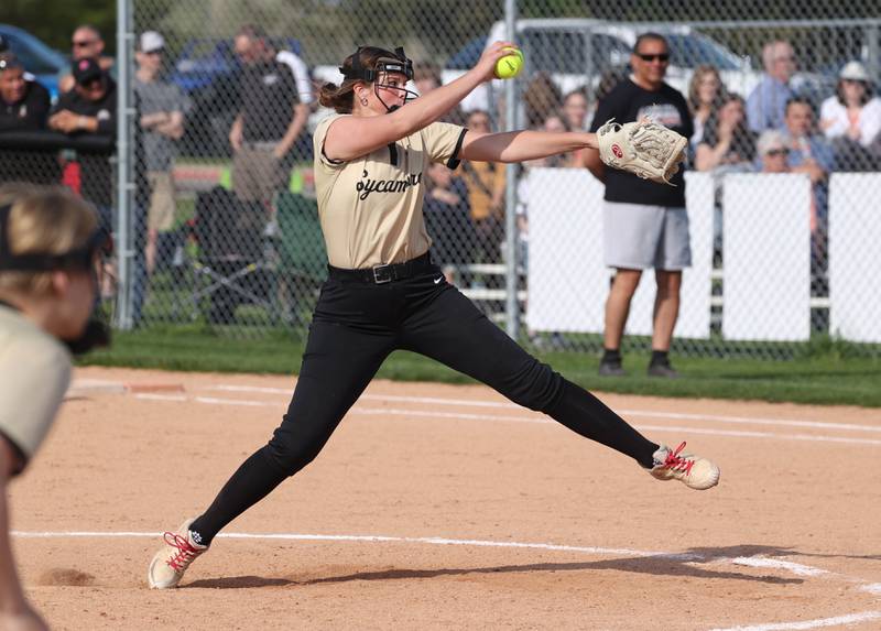 Sycamore's Addison Dierschow delivers a pitch during their game Wednesday, May 7, 2025, at Kaneland High School in Maple Park.
