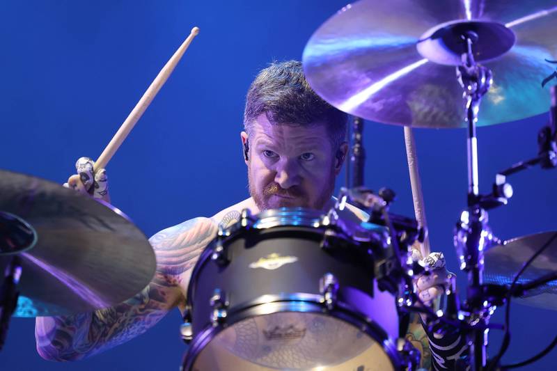 Andy Hurley of Fall Out Boy plays drums at Riot Fest on Friday, Sept. 20, 2024 in Chicago.