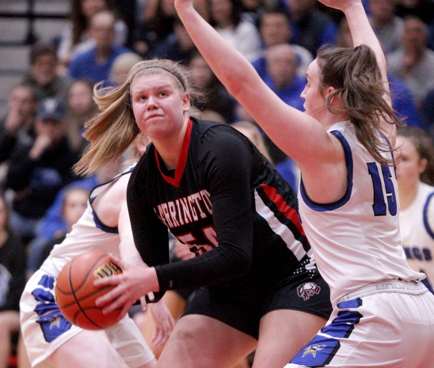 Barrington’s Molly O’Riordan looks for an opening during the Class 4A Schaumburg Supersectional against Geneva on Monday, Feb. 27, 2023.