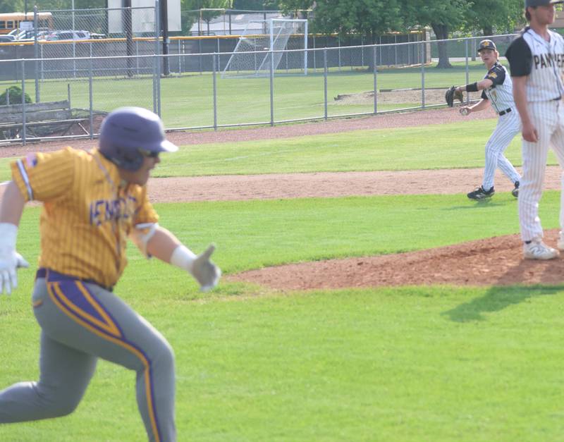 Putnam County's Kade Zimmerlein throws out Mendota's Oscar Casteneda on Friday, May 8, 2026 at Putnam County High School.