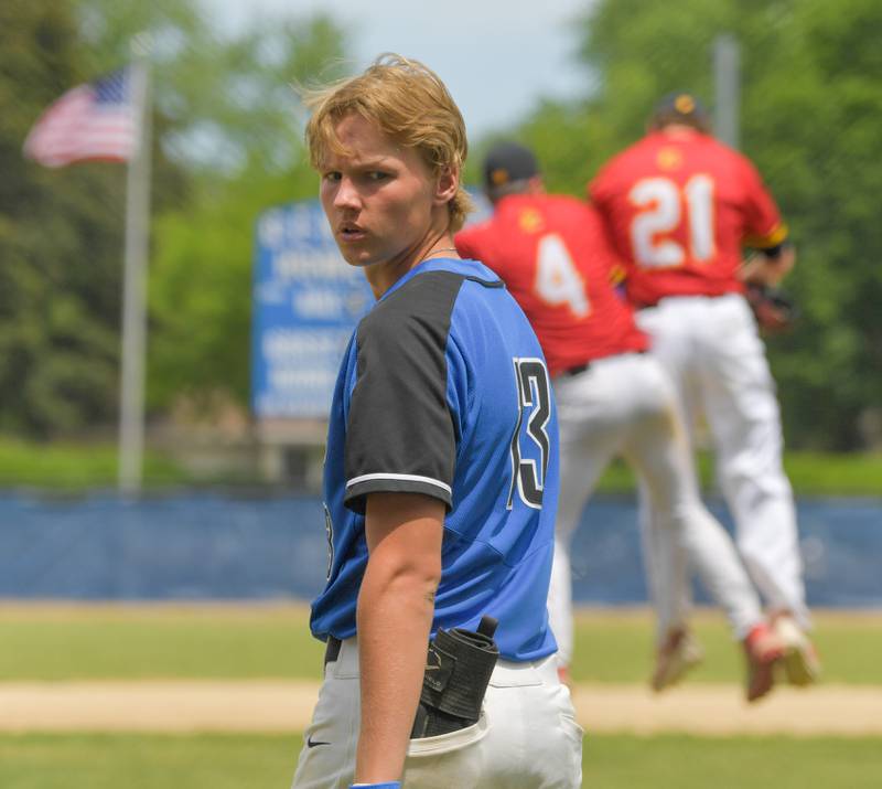 St. Charles North's Parker Reinke (13) reacts to the North Star's 4-3 loss to Batavia in the Geneva Regional Championship on Saturday, May 27, 2023.