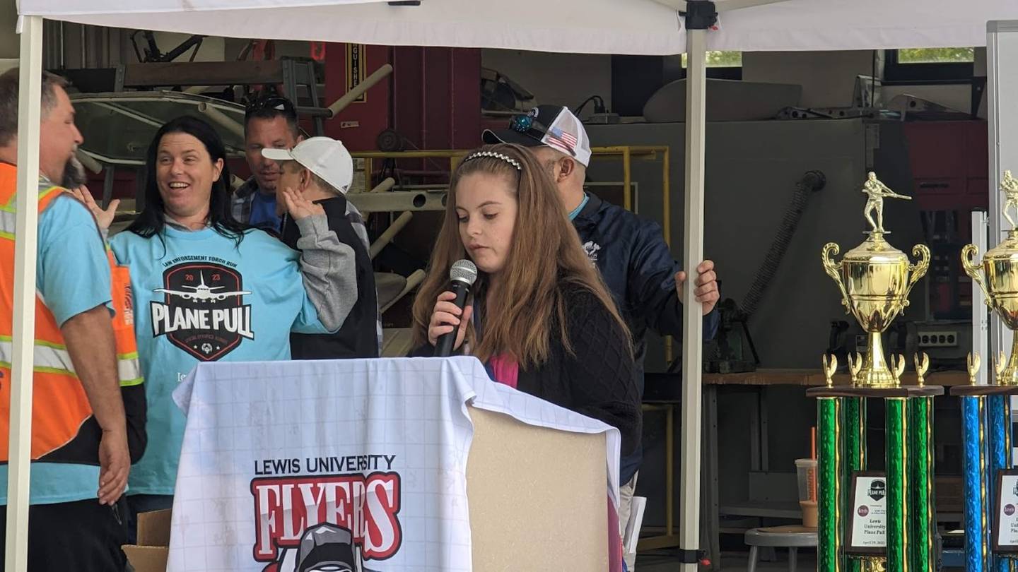 Edith Reynolds of Dekalb, a Special Olympics Illinois athlete, Illinois Miss Amazing (teen division) in 2016, summed up the impact Special Olympics on athletes on her before the Plane Pull competition began at Lewis University in Romeoville began on Saturday, April 29, 2023.