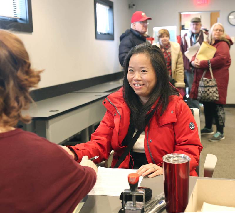 Linh Nguyen, who will be running for DeKalb County Clerk and Recorder, files her petitions Monday, March 7, 2022, at the DeKalb County Administration Building in Sycamore, to get her name on the ballot for the November 2022 midterm election. Monday was the first day candidates could file.