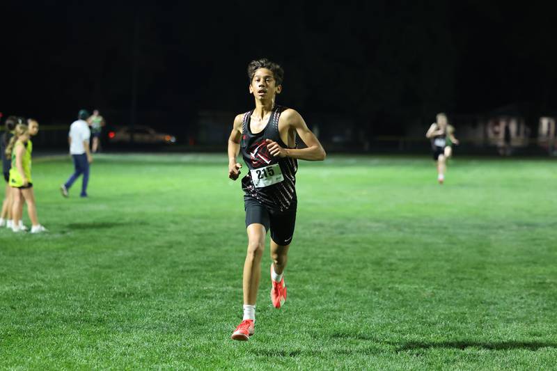Bradley-Bourbonnais' Kyler Savini nears the finish line during the All-City cross country meet at Bishop McNamara on Wednesday, Sept. 17, 2025.