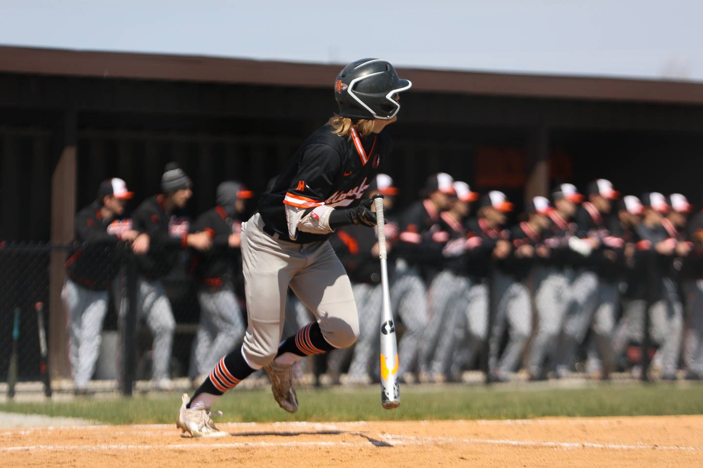 Minooka’s Mitch Thomas doubles against Lincoln-Way West. Friday, April 15, 2022, in New Lenox.