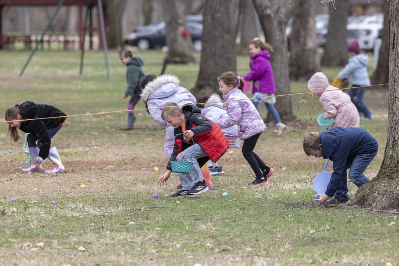 Kids snatch up eggs at City Park in Amboy Saturday, April 4, 2026, for the Cliff Walter Easter Egg Hunt.