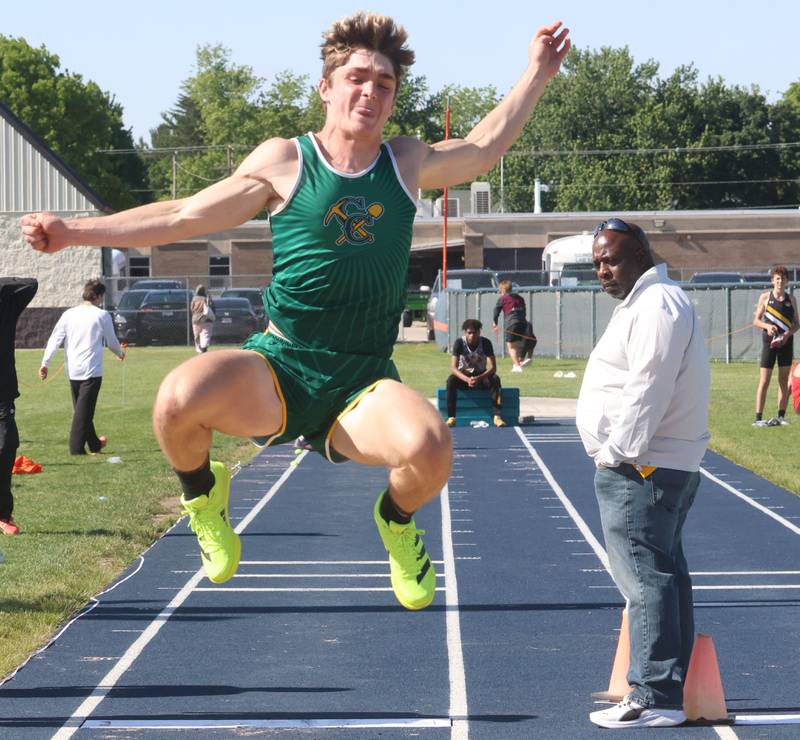 Coal City's Parker Jacovec competes in the long jump during the Class 2A Sectional on Wednesday, May 20, 2026 at Pontiac High School.