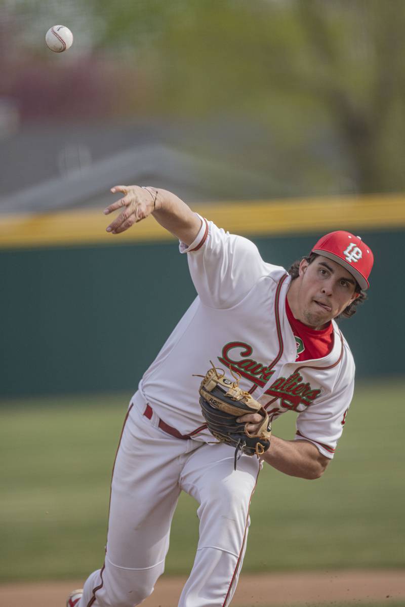 LaSalle Peru's Kaiden Bond throws a pitch against Ottawa High School on April 22, 2024 at the L-P Athletic Complex.