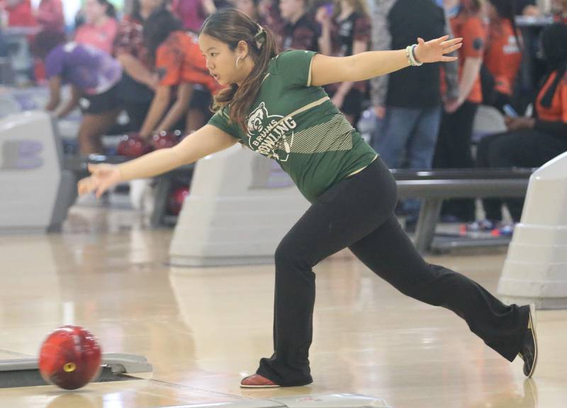 St. Bede's Sophia Ni bowls during the IHSA girls bowling Regional meet on Friday, Feb. 6, 2026 at the Illinois Valley Super Bowl in Peru.