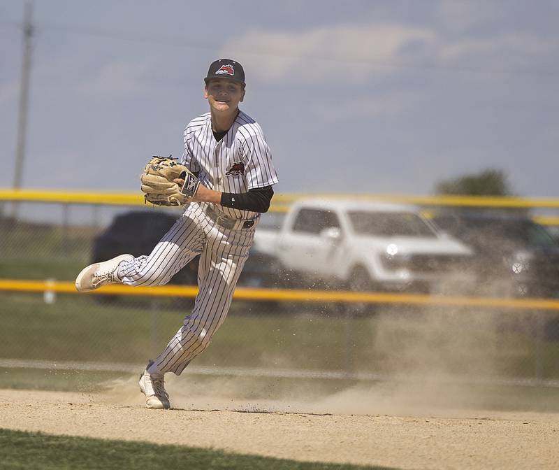 Fulton’s Caden Wilkin sets his feet to throw to first against East Dubuque Wednesday, May 22, 2024 in the Class A sectional semifinal in Forreston.