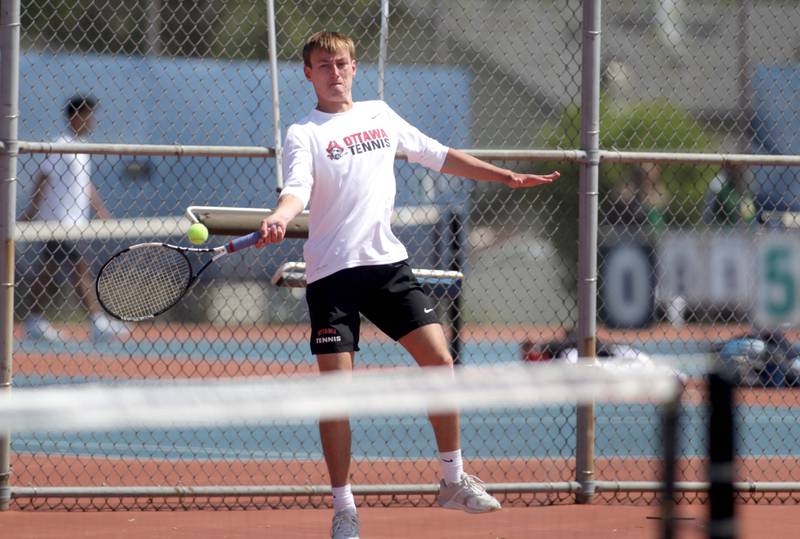 Ottawa’s Adam Gross, along with doubles partner Noah Gross (not pictured) competes in the Class 1A Boys State Tennis Meet at Hoffman Estates High School on Thursday, May 25, 2023.