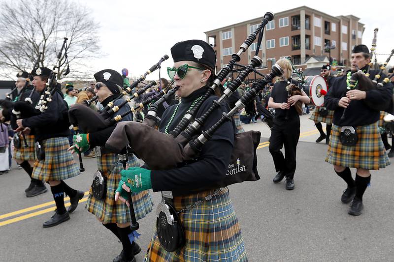 Members of the Dundee Scottish Pipe Band during the McHenry ShamROCKS the Fox Festival Parade on Saturday, March 16, 2024.