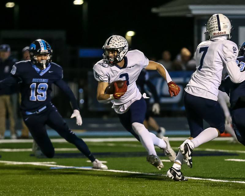 Plainfield South's Caden Pierceall (3) runs back the kick off during Class 8A Playoff football game between Plainfield South at Downers Grove South on Friday, Nov 1, 2024  in Downers Grove.