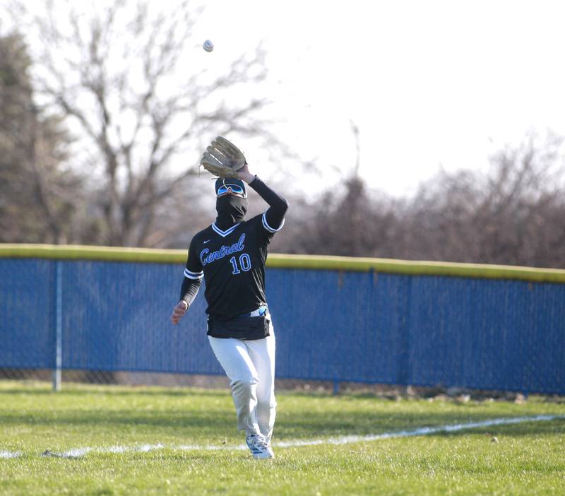 Burlington Central’s Chase Powrozek makes a catch in right field during a game against St. Charles North on Tuesday, April 8, 2025 at Burlington Central.