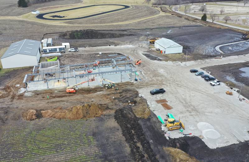 An aerial view showing crews building the exterior shell of the Dr. Alfred E. Wisgoski Agricultural Education Center on Tuesday, Jan. 13, 2026 on the southern part of the Illinois Valley Community College in Oglesby. Last August, IVCC officially broke ground on the $7.6 million Dr. Alfred E. Wisgoski Agricultural Education Center. The 10,250-square-foot facility is expected to open in 2027. The project is supported by a $3.5 million grant from the U.S. Department of Economic Development Administration, a $240,000 grant from the Illinois Department of Commerce and Economic Opportunity and a $1 million gift from the Wisgoski family.