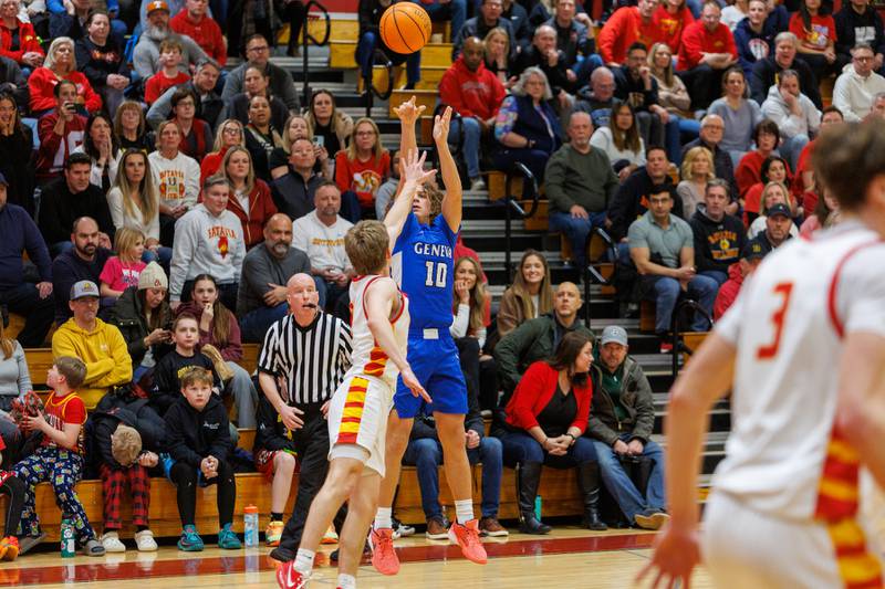Geneva's Cody Rader shoots a three pointer against Batavia on Friday, Feb.6,2026 in Batavia.