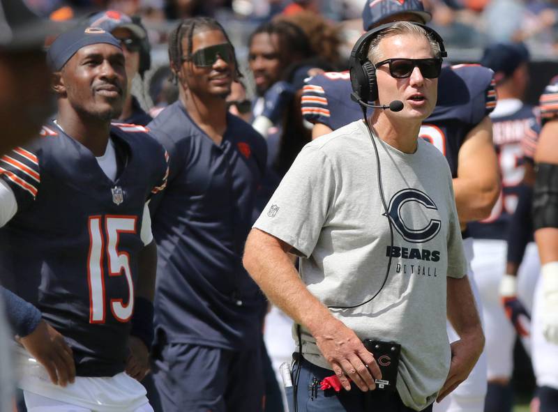 Chicago Bears head coach Matt Eberflus watches a replay on the Jumbotron during their preseason game against the Tennessee Titans Saturday, Aug. 12, 2023, at Soldier Field in Chicago.