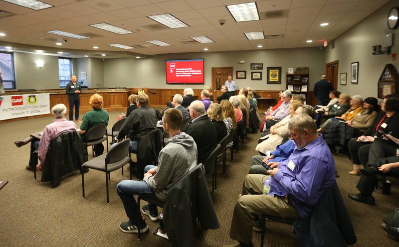 Andy Hilton, Chief Communication Officer for GAF speaks to a large group of community leaders during the GAF Introduction day on Thursday, March 7, 2024 at Peru City Hall.