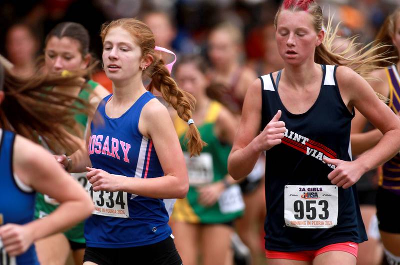 Rosary’s Caroline Goettsch (left) and St. Viator's Emily Walberg compete in the Class 2A State Cross Country Championships on Saturday, Nov. 9, 2024 at Detweiller Park in Peoria.