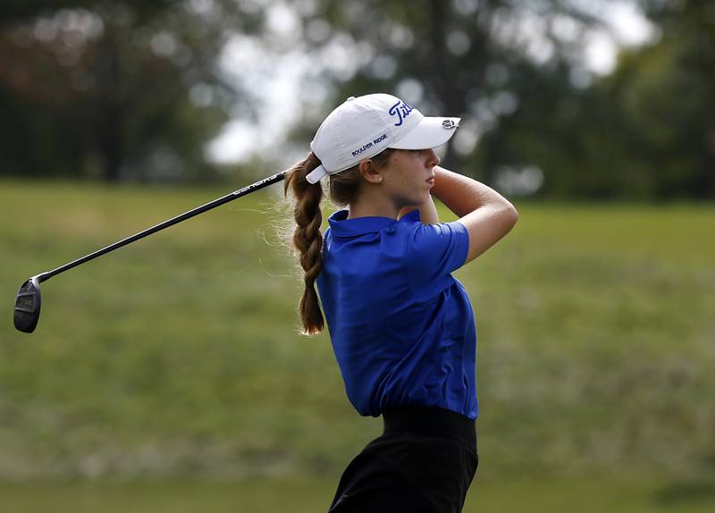 Dundee Crown’s Sophie Morawski watches her tee shot on the second hole during the Fox Valley Conference Girls Golf Tournament Wednesday, Sept. 21, 2022, at Crystal Woods Golf Club in Woodstock.