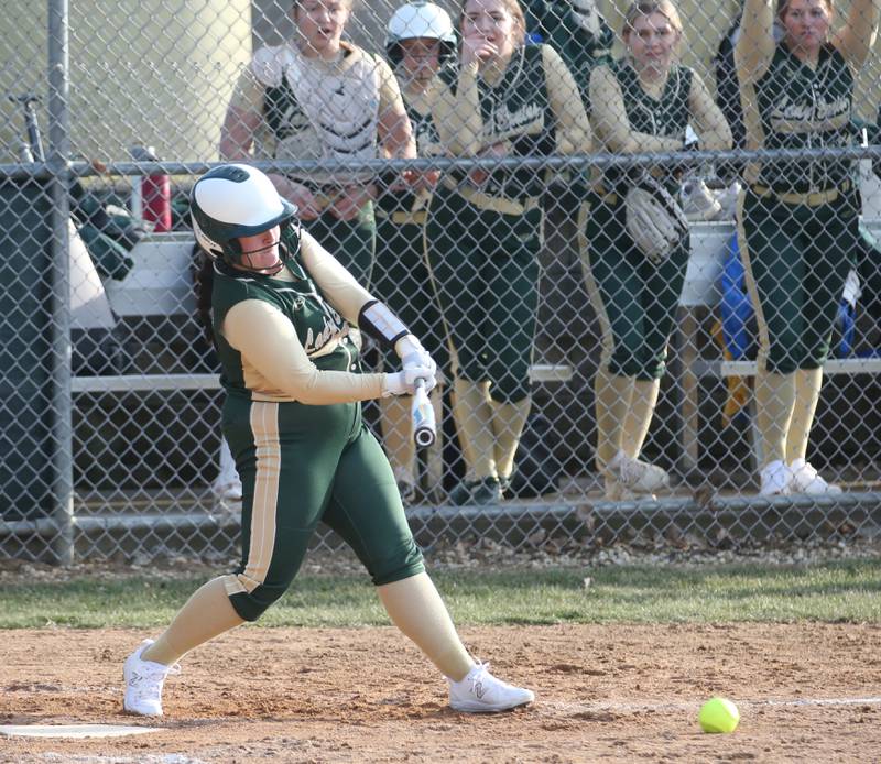 St. Bede's Abby Michels gets a base hit against Riverdale on Monday, March 20, 2023 at St. Bede Academy.