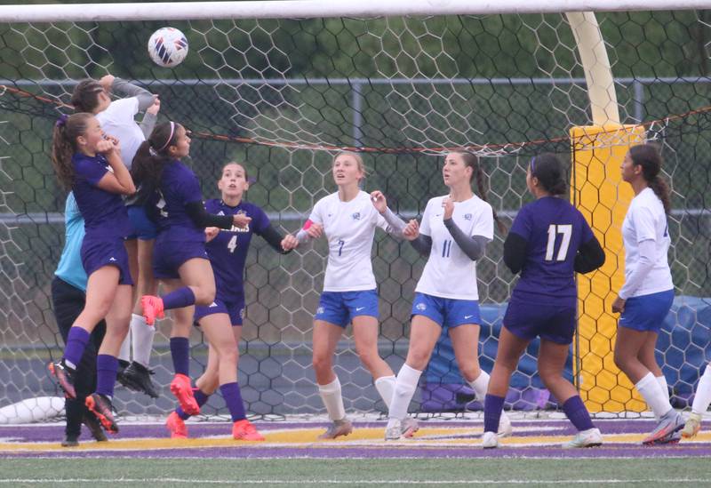 The ball sails over Princeton's Keighley Davis head while trying to score against Mendota during the Class 1A Regional final game on Tuesday, May 20, 2025 at Mendota High School.