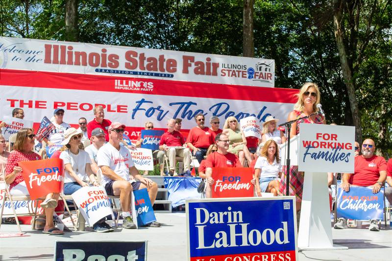 State House Republican Leader Tony McCombie, of Savanna, speaks to the crowd at Republican Day festivities at the Illinois State Fair.