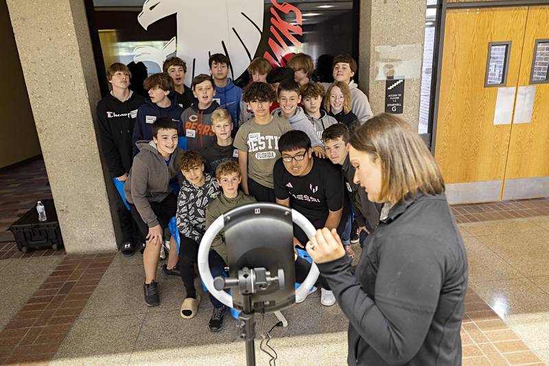 Regional Office of Education’s Grace Heimerdinger-Baake works a camera for eighth-graders from East Coloma-Nelson School Friday, Oct. 20, 2023 during the Pathways Playground event at SVCC.