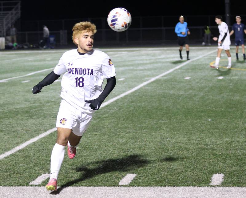 Mendota's Hugo Falcon chases down the ball during the Class 1A Supersectional game on Monday, Nov. 3, 2025 at Mendota High School.