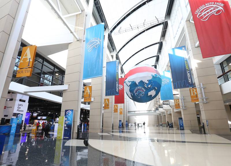 A view of the main entrance to the Chicago Auto Show on Thursday, Feb. 8, 2024 in McCormick Place.