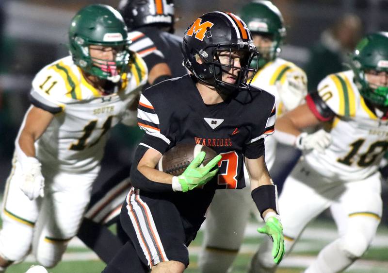 McHenry’s Joey Spelman sprints for the end zone with a touchdown against Crystal Lake South in varsity boys football at McCracken Field on the campus of McHenry High School in McHenry on Friday, Sept. 5, 2025.