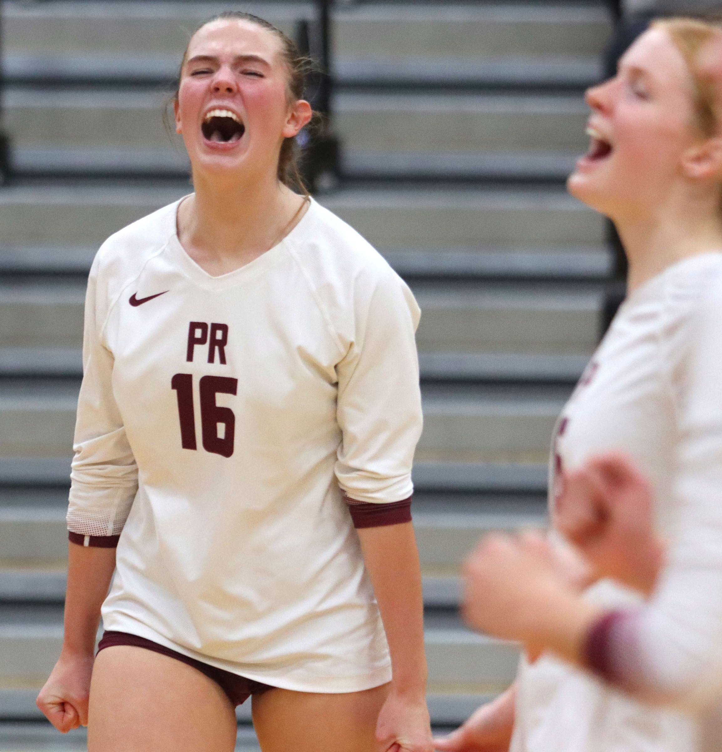 Prairie Ridge’s Addy Grider rejoices during a win over St. Viator in IHSA Class 3A Super-Sectional girls volleyball at Streamwood High School in Streamwood on Monday, November 10, 2025.