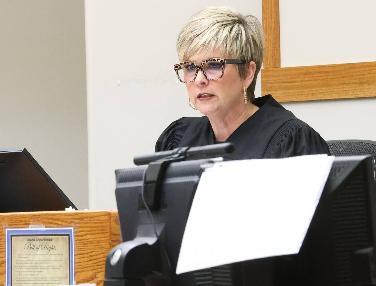 La Salle County Judge Michelle Vescogni sentences Tyler Skerett, 31, of Streator, on Friday, Dec. 5, 2025 at the La Salle County Government Complex in Ottawa. Skerett was found guilty of first-degree murder for the Easter Sunday shooting on April 20 in Streator’s business district.